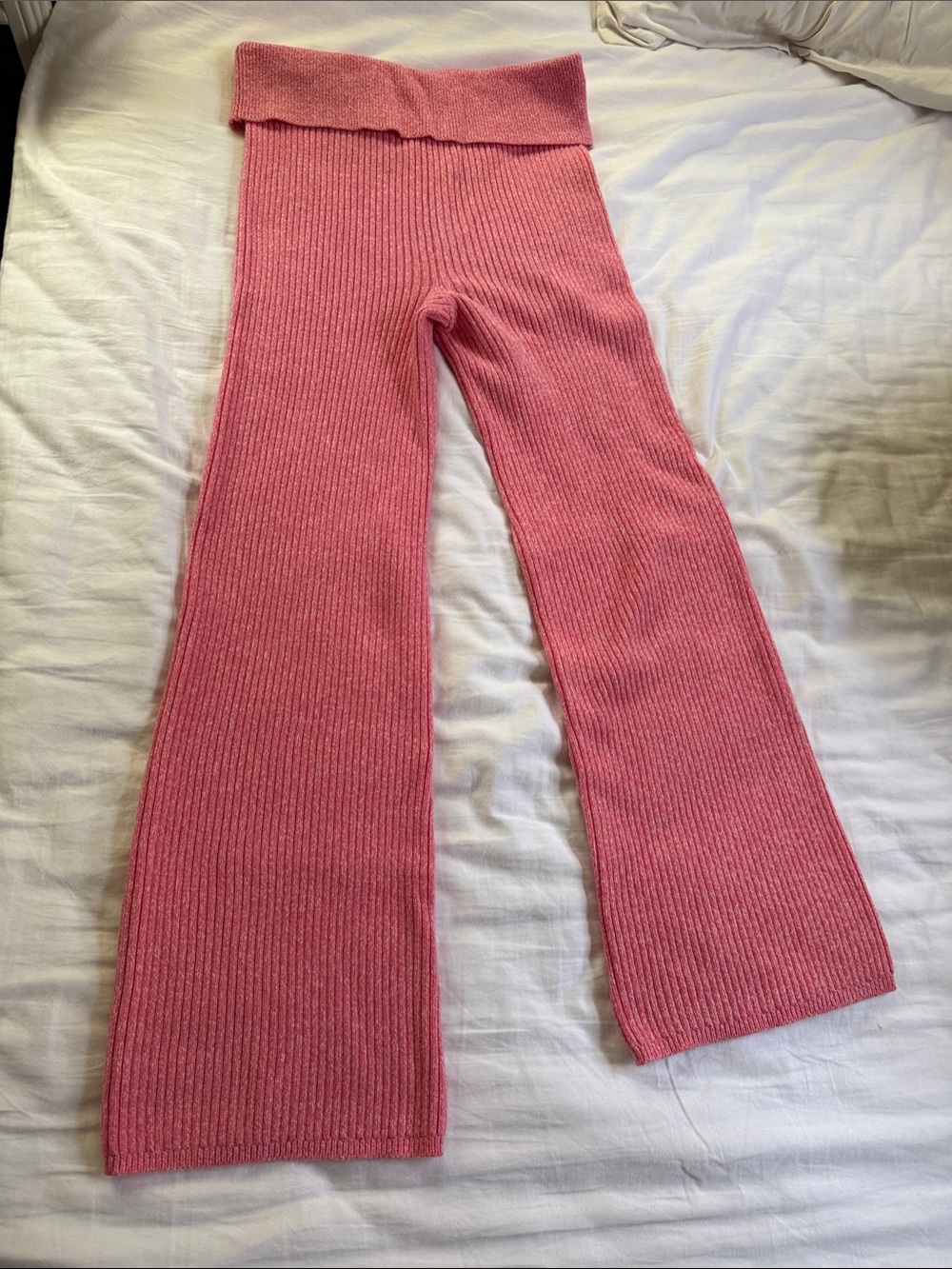 aerie women’s Pink Ribbed Knit Flare Fold-Over Waist Leggings